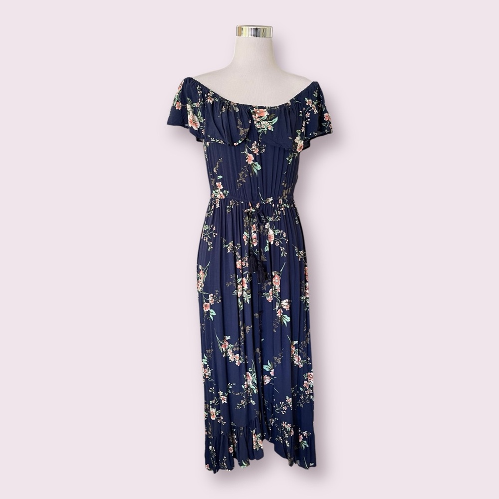 Band Of Gypsies Off The Shoulder Navy Floral Ruffle Maxi Dress - Picture 2 of 4